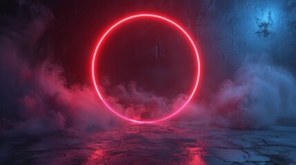 Circular Object Illuminated With Neon Lights in Dark Room