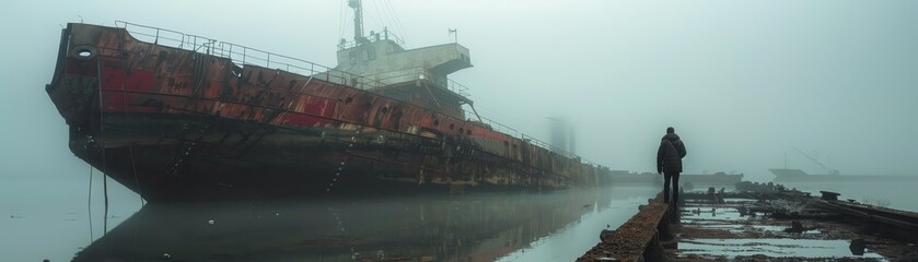 Person in solitude contemplates the grounded ship 