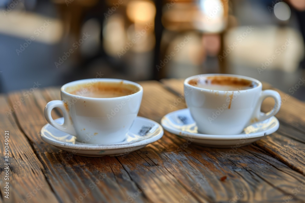 Poster two coffee cups filled with aromatic brew resting on a wooden table. generative ai