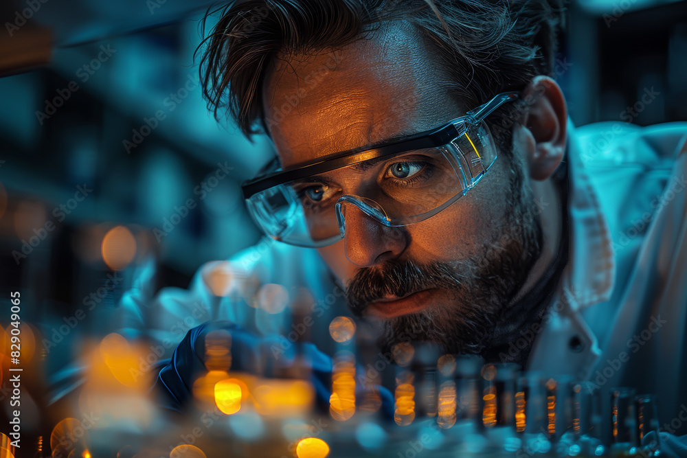 Poster a scientist conducting an experiment in a lab. concept of innovation and discovery. generative ai.
