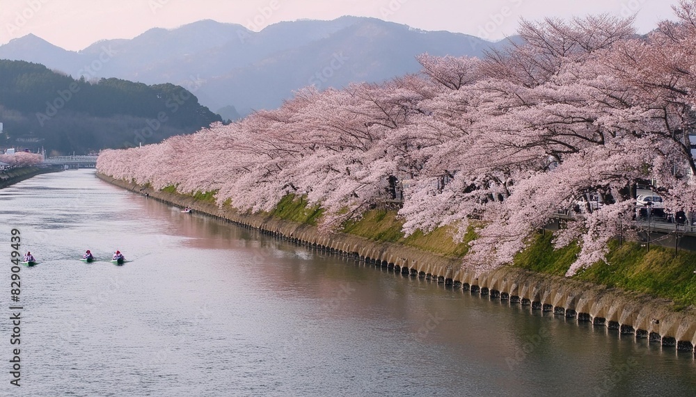 Wall mural japanese springtime the row of cherry trees along the kannonjigawa river inawashiro fukushima japan 