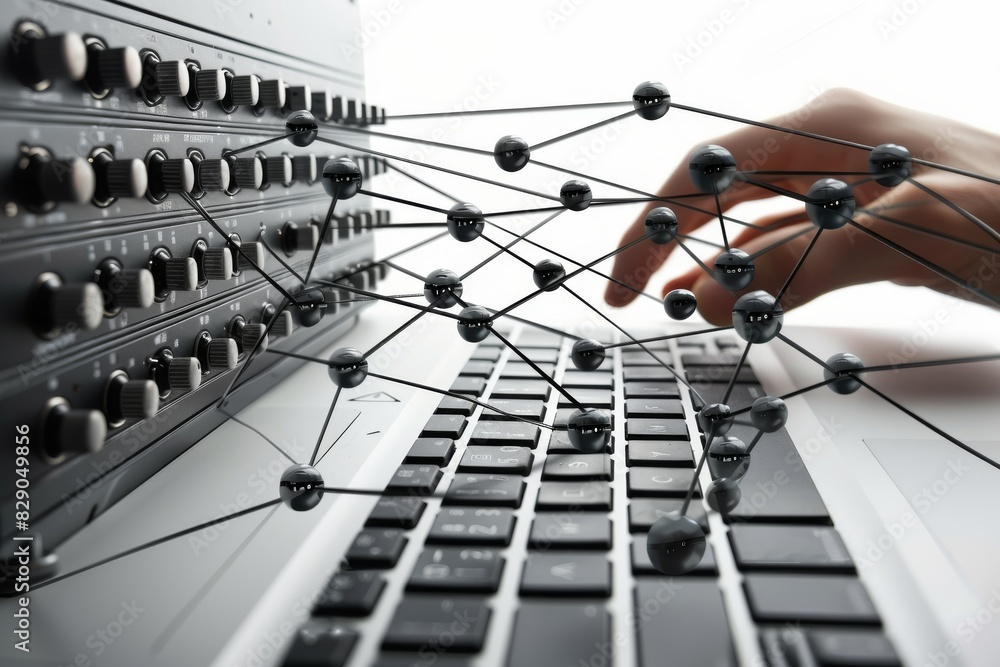 Poster close up of hand interacting with network cables and server, symbolizing data management, it infrast