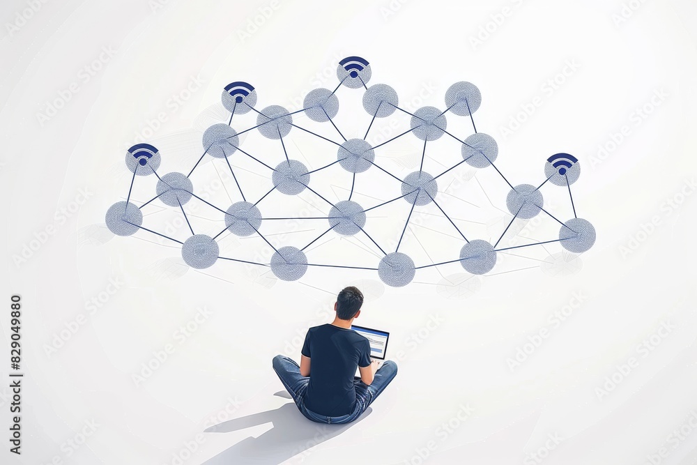 Poster abstract illustration of interconnected nodes, representing network theory, connectivity, and the co