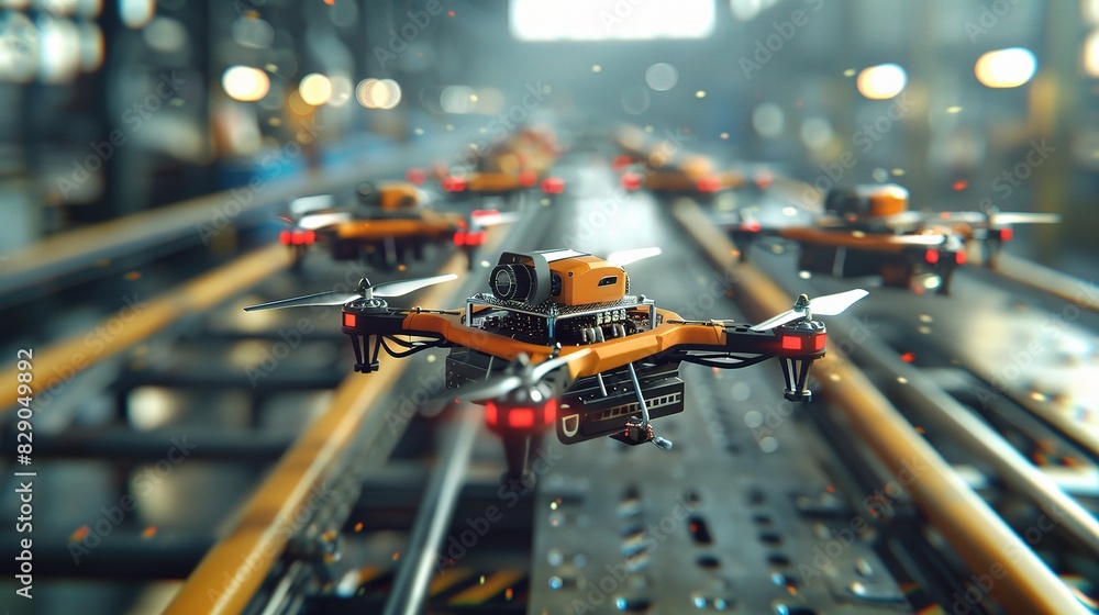 Poster industrial factory with colorful drones hovering overhead, assisting with inventory management and s