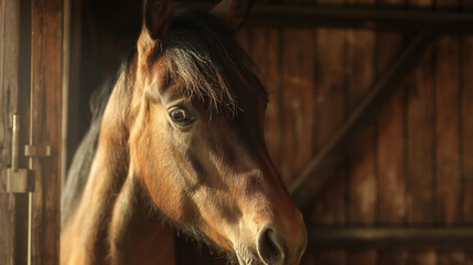 Fototapeta premium Horse in Wooden Stable Looking Alert
