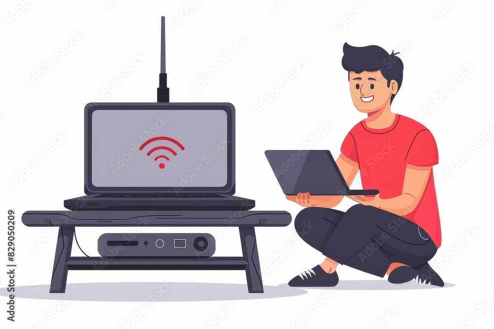 Poster illustration of a boy using a laptop and retro computer with a wi fi router, combining old and new t