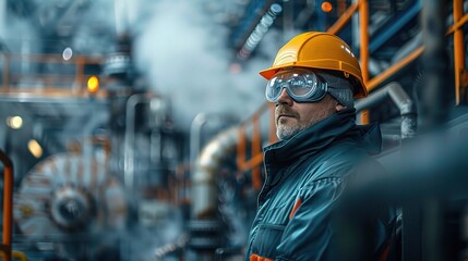 industrial worker in a hard hat and goggles inspecting equipment in a power plant