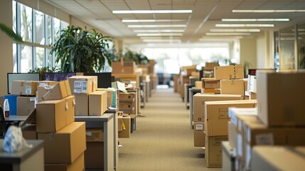 Office space filled with moving boxes during a corporate relocation 