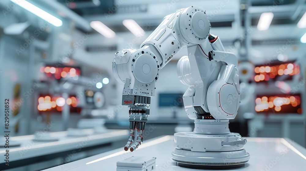Poster industrial automation technology with a futuristic robotic arm delicately handling delicate componen