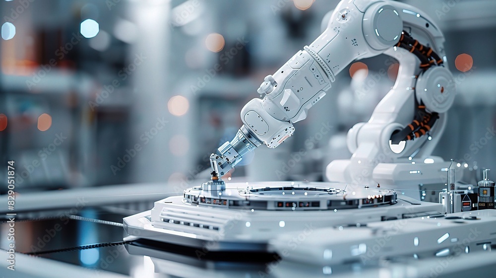 Poster industrial automation technology with a futuristic robotic arm delicately handling delicate componen