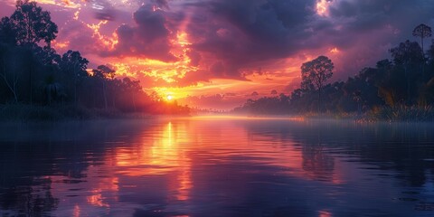 Dusk Wildlife Awakening: Jungle River Scene, generative ai