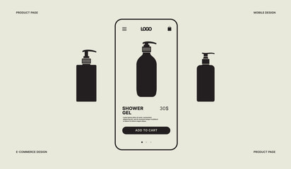 Product card layout on a smartphone screen. Cosmetic store template in mobile version. Sale of face and body care products. Black silhouette of bottles for gel or shampoo.