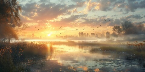 Misty Sunrise Over Volunteer Wetland Restoration, generative ai