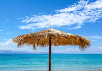 Summer beach: Paralia, Olympic Riviera, Pieria, Greece. Palm parasol shades the sand.