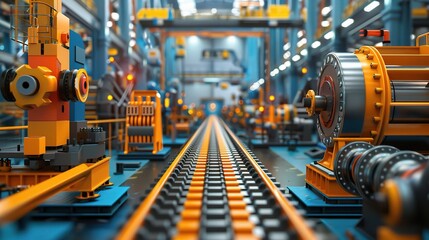 Fototapeta premium industrial equipment in vivid colors, from conveyor belts to hydraulic presses, arranged neatly in a spacious warehouse