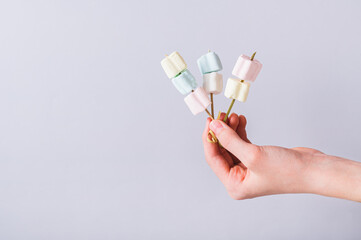 Marshmallow candy kabobs on skewers holding in a hand