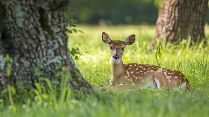 A deer resting in the grass near a tree in a photograph - Powered by Adobe