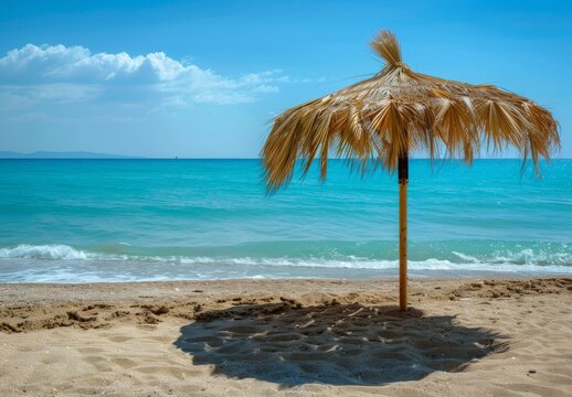 Summer beach: Paralia, Olympic Riviera, Pieria, Greece. Palm parasol shades the sand.