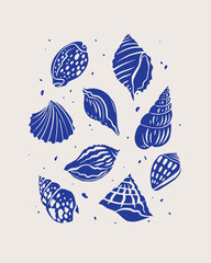 Set of blue seashells, linocut. Empty shells of different shapes: coils, spirals. Ancient mollusks on a light background. Vector illustra􀆟on of sea and ocean fauna.