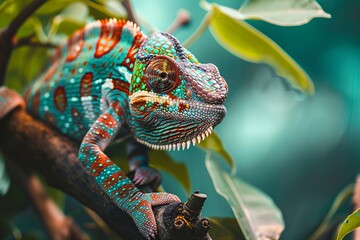 A chameleon with colorful patterns on its skin perched in the tree