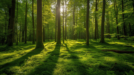 Obraz premium grass and trees in the forest at sunshine