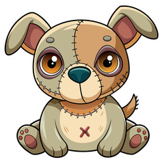 A stuffed dog with stitches on its face sits on white background