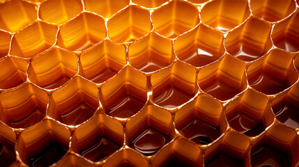 A close-up of a honeycomb pattern, each hexagon filled with golden honey