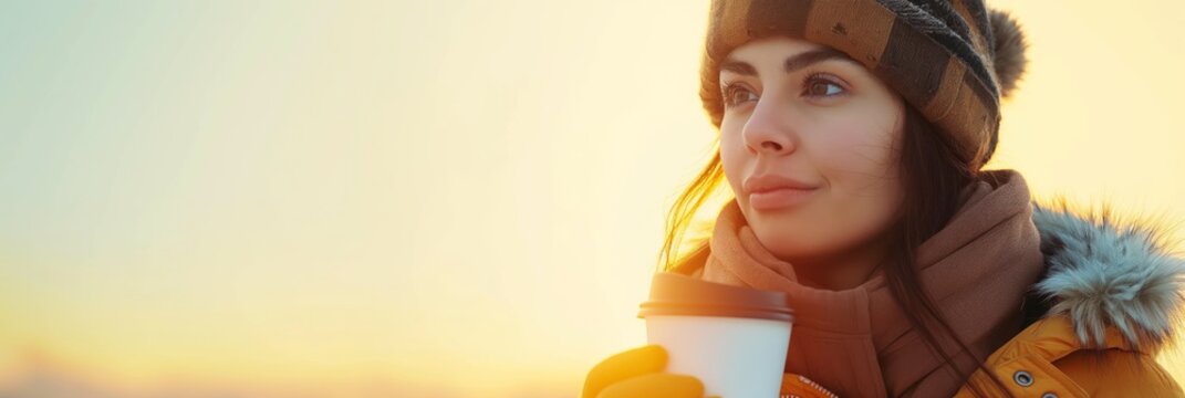 Pensive woman holding a coffee cup during a chilly winter dawn with a warm hat and coat