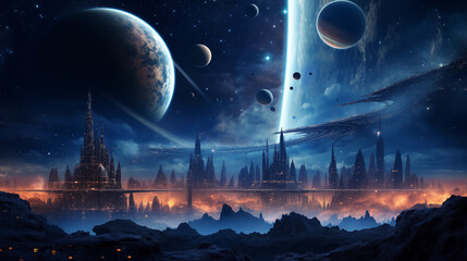 Fototapeta premium Space metropolis in the universe. Fashionable background for design projects. Illustrations created using artificial intelligence. Illustrations and Clip Art AI generated.