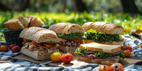 Variety of Sandwiches on Checkered Blanket, generative ai