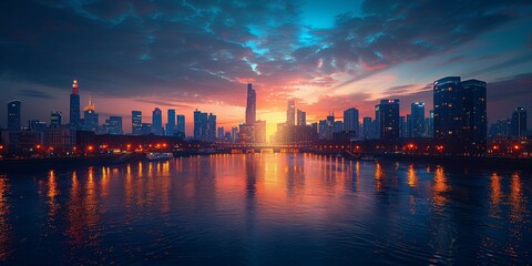 Obraz premium Bridge Silhouettes: Urban Nightfall, generative ai