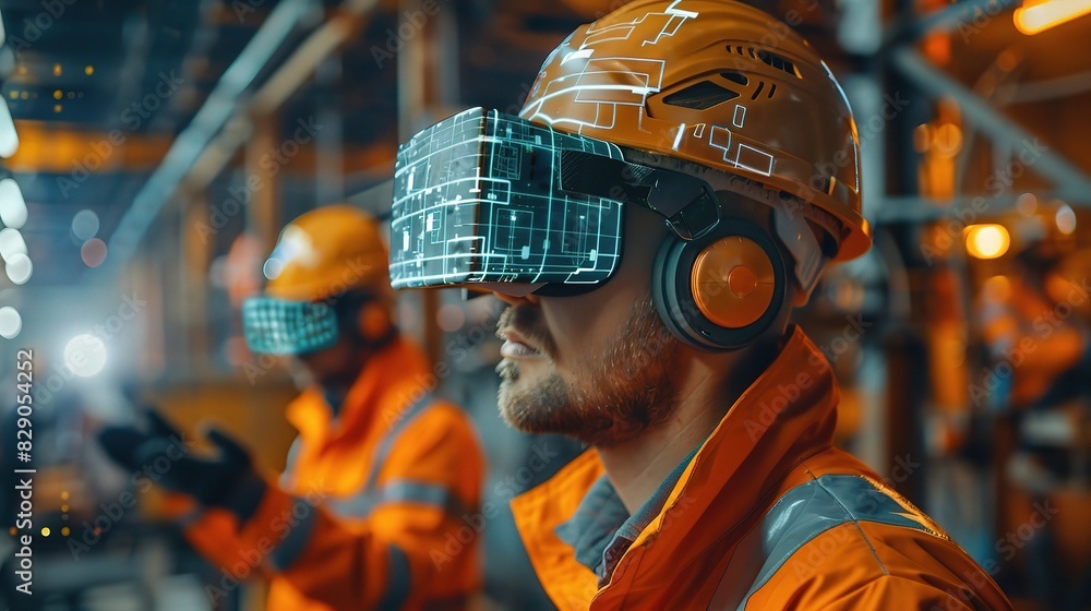 Sticker integration of technology in highway construction, with workers utilizing augmented reality goggles