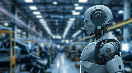 Fototapeta premium humanoid robotic character standing at a factory of robots, engine, motor, metal, machine, industry, technology, chrome, power, steel, equipment, part, fuel, industrial, closeup, vehicle, future
