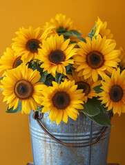Sunflowers in a metal bucket against a bright yellow background