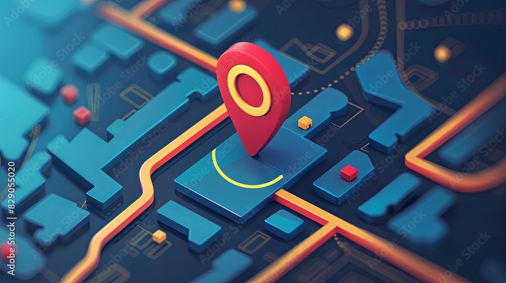 Poster map with a red pin marking a location for navigation, part of an isometric gps tracking system. gene