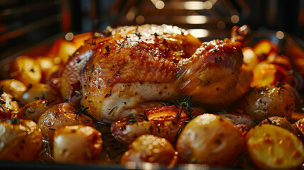 Naklejka premium A roasted chicken surrounded by potatoes in an oven.