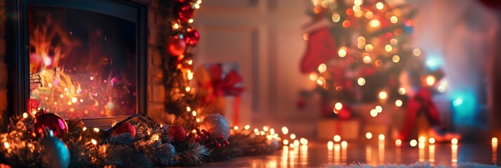 Festive holiday scene with a fireplace and Christmas decorations in a warm interior