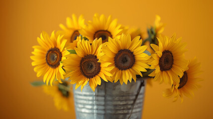 A bouquet of sunflowers in a metal vase against a yellow background