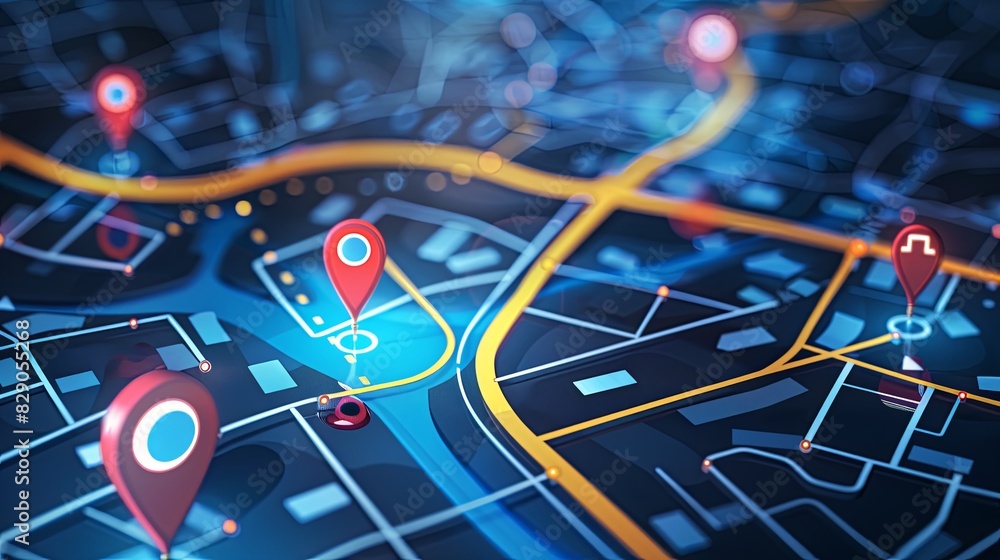 Aufkleber detailed view of gps tracking map with location markers, navigational pins, and isometric abstract b