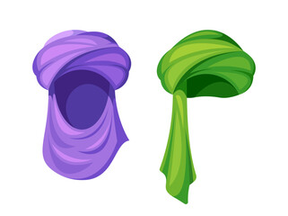 Two Colorful Eastern Turbans, Purple With Intricate Folds, And Green Turban With A Flowing End, Vector Illustration