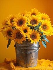 Obraz premium Bouquet of sunflowers in a metallic bucket on a yellow background.