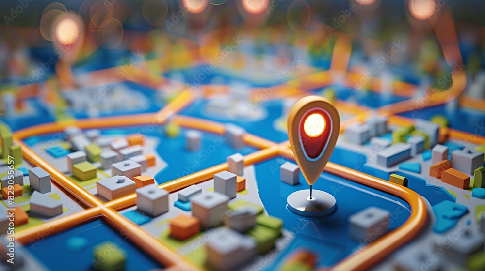Poster detailed exploration of an isometric gps tracking map with a red marker on it. navigation and locati