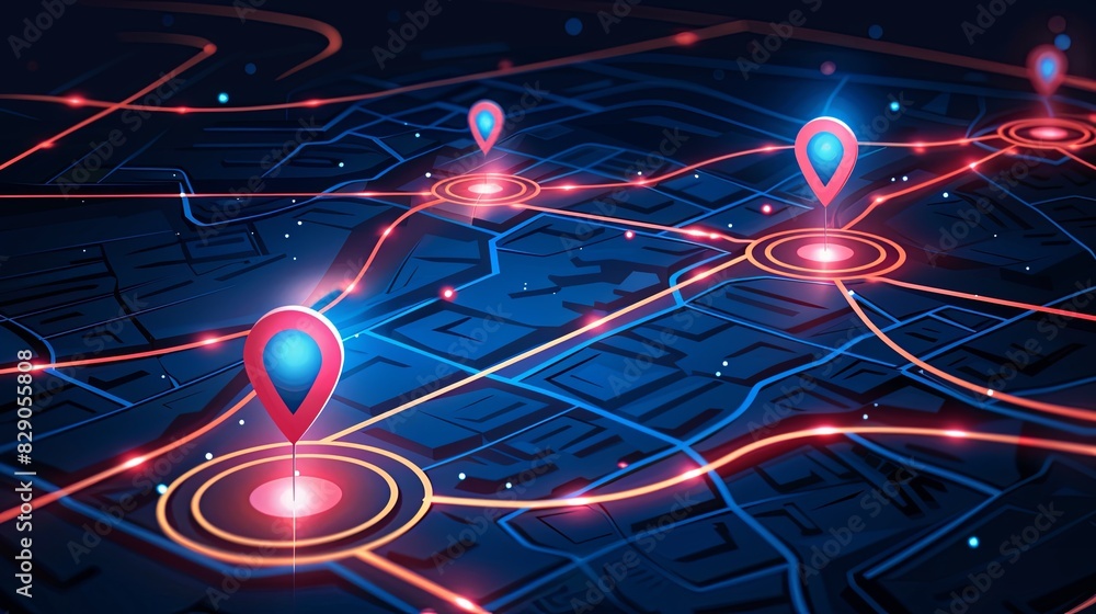 Leinwandbilder a map with numerous pins indicating various destinations and locations, displayed in an isometric st