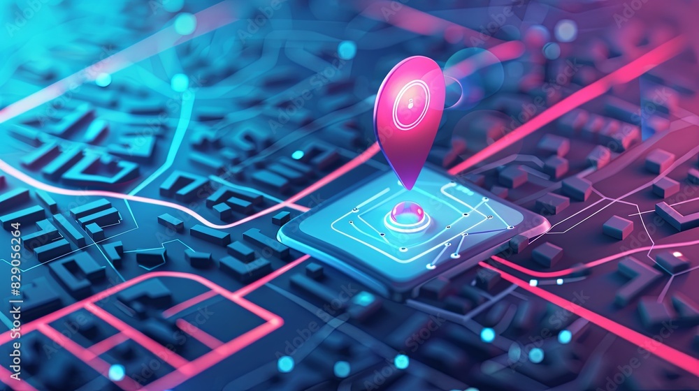Poster Isometric GPS tracking map showing a red navigation pin on street maps. Abstract digital art background. Generative AI