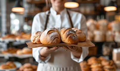 Obraz premium close-up of fresh baked goods in the hands of a female baker, against a blurred bakery background, with copy space.