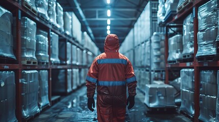 Fototapeta premium industrial worker in a freezer suit loading frozen goods onto pallets in a refrigerated warehouse