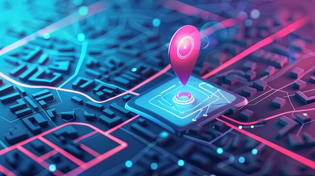 Isometric GPS tracking map showing a red navigation pin on street maps. Abstract digital art background. Generative AI