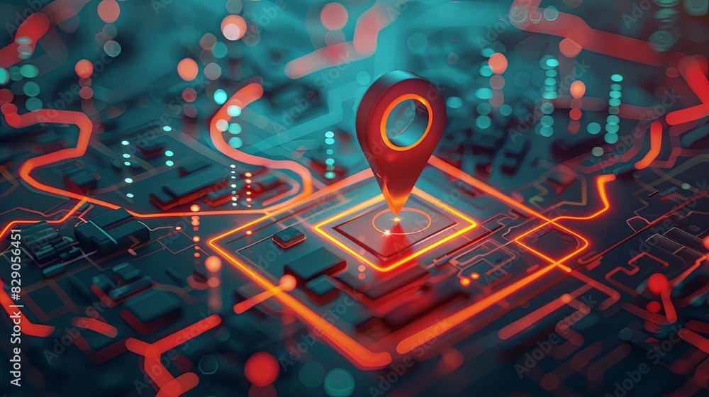 Poster isometric gps map with a red marker indicating a specific location. generative ai
