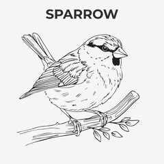 Sparrow bird Detailed Outline for Artistic Coloring. Vector Illustration