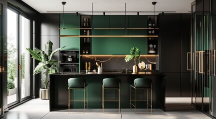 Elegant kitchen space featuring two-tone cabinets, green lower and black upper, complemented by brass handles and fixtures